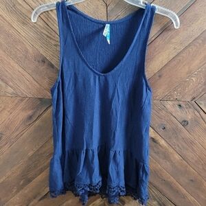 Wallflower Deep Blue Tank with Crochet Style Hem Large